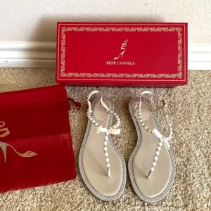 💯% Authentic Rene Caovilla Pearls Strass Crystal Flat Sandals 36