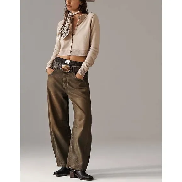 🆕 FREE PEOPLE We The Free Good Luck Coated Barrel Jeans / New Moon