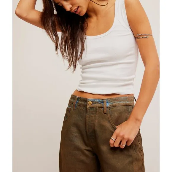 🆕 FREE PEOPLE We The Free Good Luck Coated Barrel Jeans / New Moon