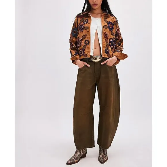 🆕 FREE PEOPLE We The Free Good Luck Coated Barrel Jeans / New Moon