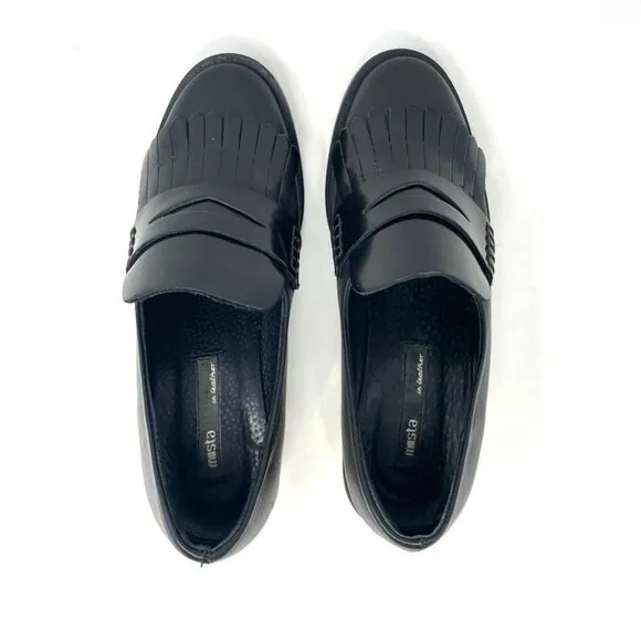* Miista Black Leather Fringe Penny Loafers Size 36