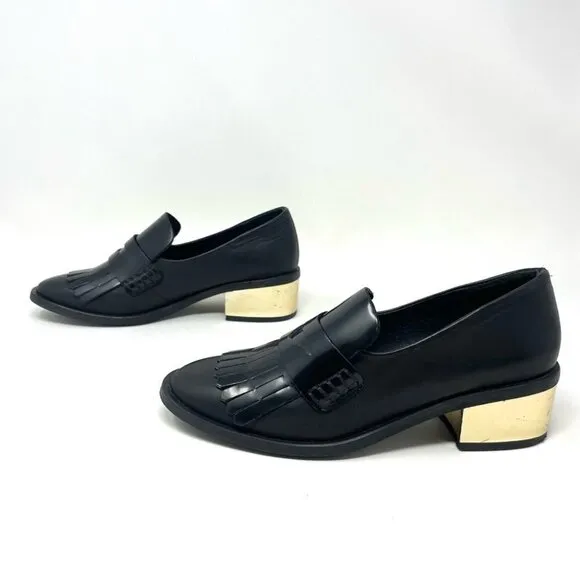 * Miista Black Leather Fringe Penny Loafers Size 36