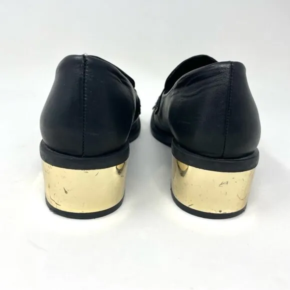 * Miista Black Leather Fringe Penny Loafers Size 36