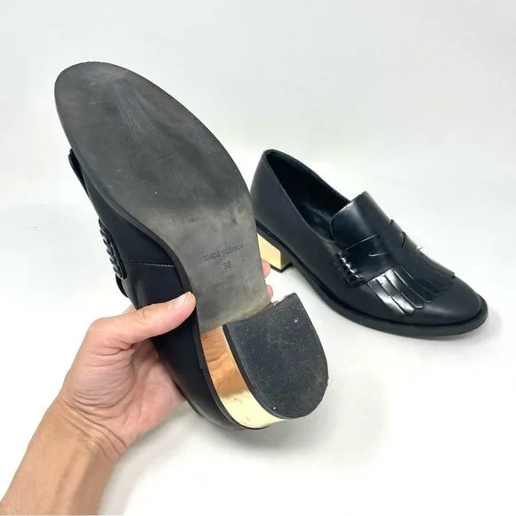* Miista Black Leather Fringe Penny Loafers Size 36