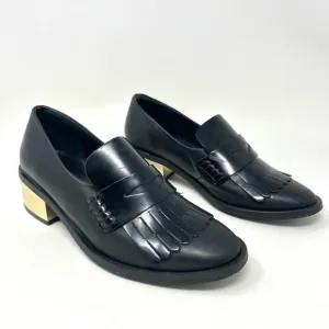 * Miista Black Leather Fringe Penny Loafers Size 36