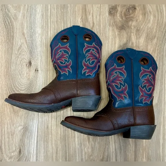 2520JR Childrens Justin Lasso Western Boots Square Toe Brown/Blue Size 4 D