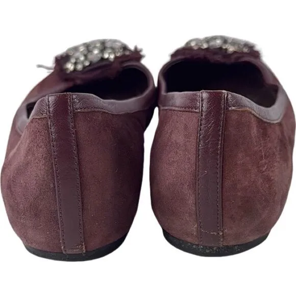 $295 Vera Wang Burgundy Suede Leather Flats with Crystallized Medallion Size 8.5