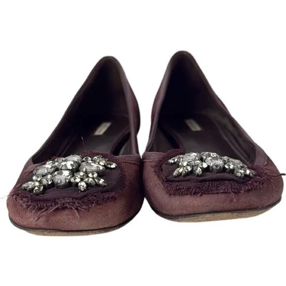$295 Vera Wang Burgundy Suede Leather Flats with Crystallized Medallion Size 8.5