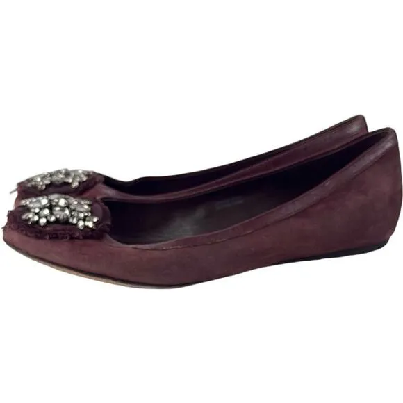 $295 Vera Wang Burgundy Suede Leather Flats with Crystallized Medallion Size 8.5