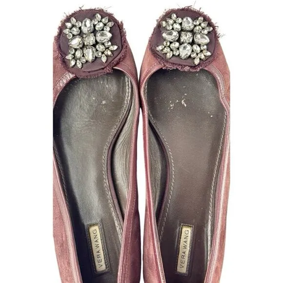 $295 Vera Wang Burgundy Suede Leather Flats with Crystallized Medallion Size 8.5