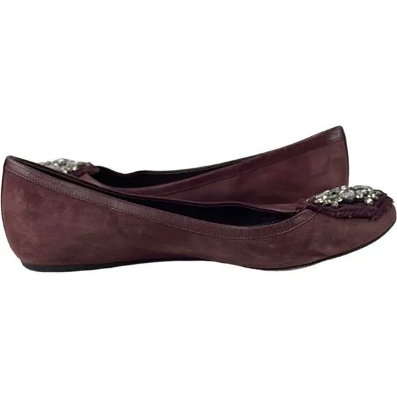 $295 Vera Wang Burgundy Suede Leather Flats with Crystallized Medallion Size 8.5