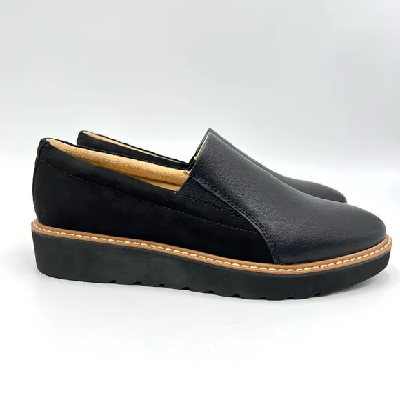 6W 6 WIDE Naturalizer Effie Black Faux Leather Microsuede Wedge Loafers Shoes