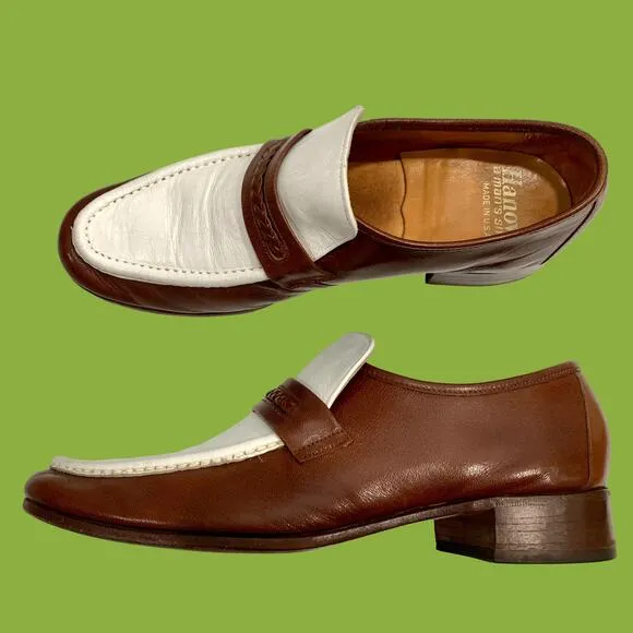 70s Hanover 2 Tone Brown &amp; White Leather Loafers Men 9.5 D