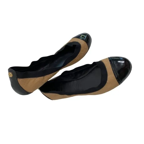 9.5 Tory Burch Quilt Scrunch Bridgette Leather Ballet Flats Black Toe Cap