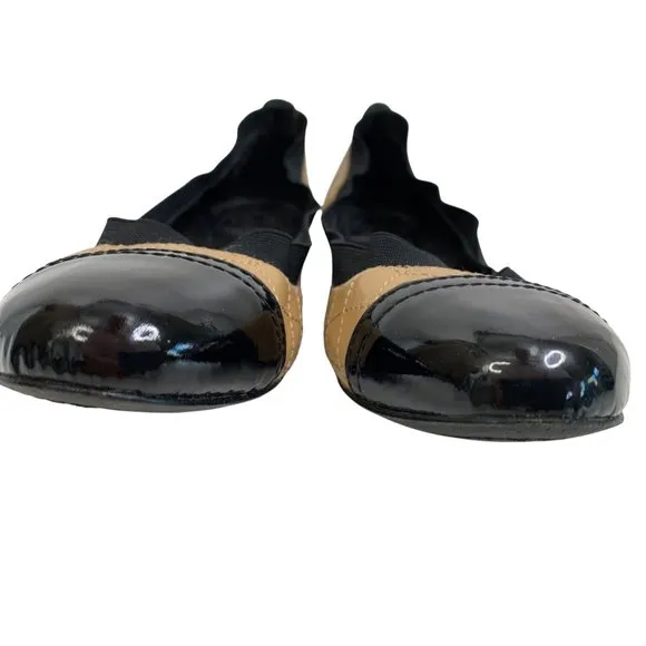 9.5 Tory Burch Quilt Scrunch Bridgette Leather Ballet Flats Black Toe Cap