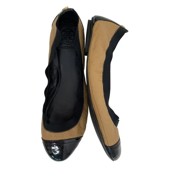 9.5 Tory Burch Quilt Scrunch Bridgette Leather Ballet Flats Black Toe Cap