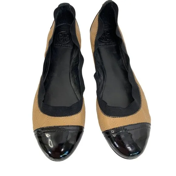 9.5 Tory Burch Quilt Scrunch Bridgette Leather Ballet Flats Black Toe Cap