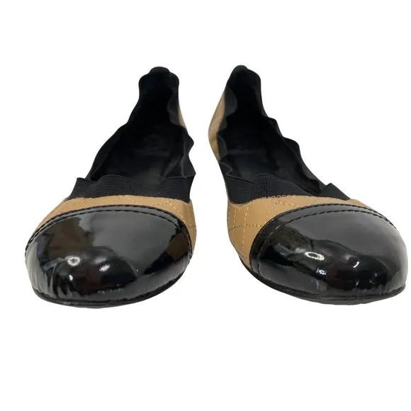 9.5 Tory Burch Quilt Scrunch Bridgette Leather Ballet Flats Black Toe Cap
