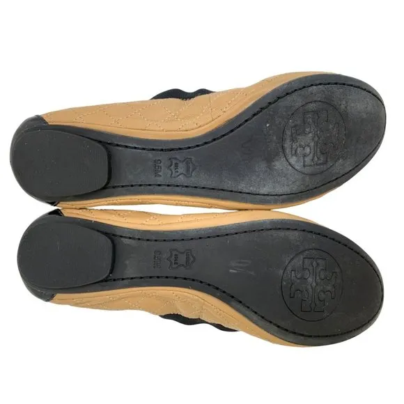 9.5 Tory Burch Quilt Scrunch Bridgette Leather Ballet Flats Black Toe Cap