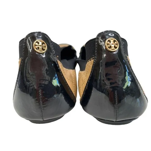 9.5 Tory Burch Quilt Scrunch Bridgette Leather Ballet Flats Black Toe Cap
