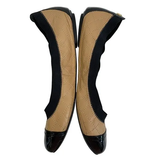 9.5 Tory Burch Quilt Scrunch Bridgette Leather Ballet Flats Black Toe Cap