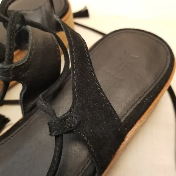 {9.5M} Frye Miranda Gladiator Platform Tie Wrap Sandals Black Suede Cork