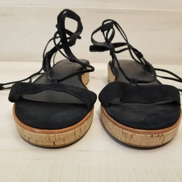 {9.5M} Frye Miranda Gladiator Platform Tie Wrap Sandals Black Suede Cork