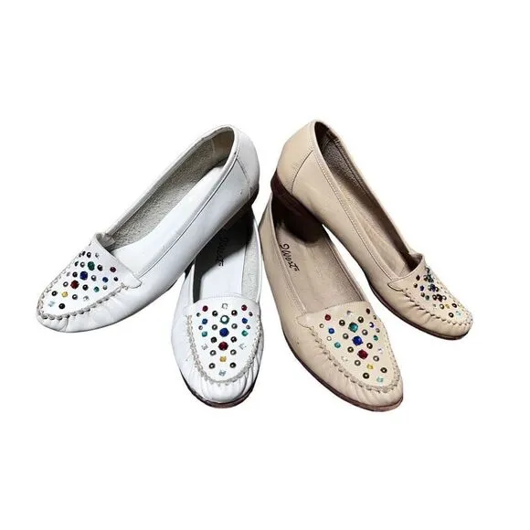9 West Vintage Rhinestoned Leather Loafers Two Pair Size 7