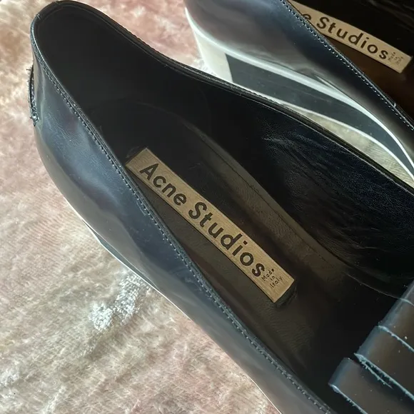 ACNE STUDIOS Leather Black Laser Cut Pointed Toe 2Tone Wedge Loafers $650 EUC 11
