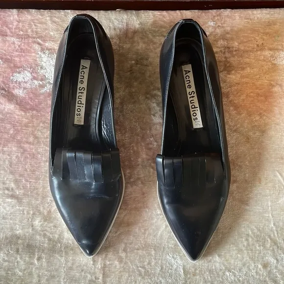 ACNE STUDIOS Leather Black Laser Cut Pointed Toe 2Tone Wedge Loafers $650 EUC 11