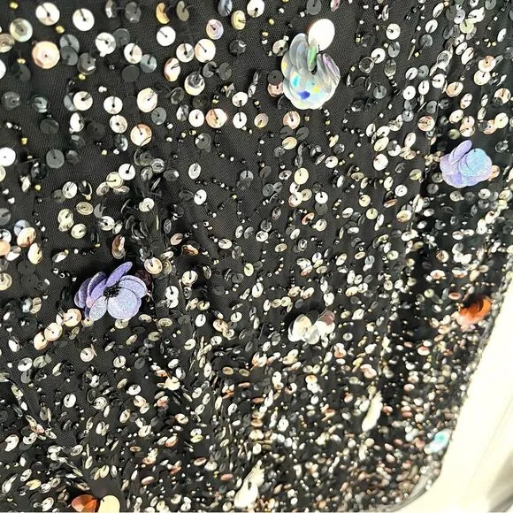 Adrianna Papell Black Floral Beaded Sequin Cocktail Dress Short Sleeve, 8 NWT