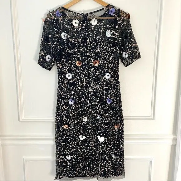 Adrianna Papell Black Floral Beaded Sequin Cocktail Dress Short Sleeve, 8 NWT
