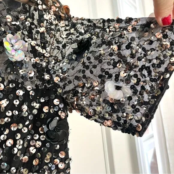 Adrianna Papell Black Floral Beaded Sequin Cocktail Dress Short Sleeve, 8 NWT