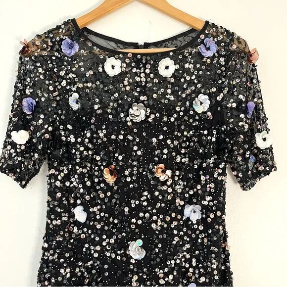 Adrianna Papell Black Floral Beaded Sequin Cocktail Dress Short Sleeve, 8 NWT