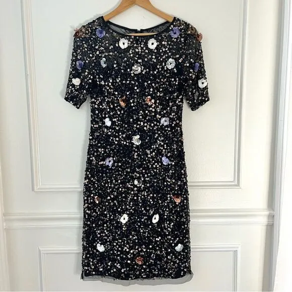 Adrianna Papell Black Floral Beaded Sequin Cocktail Dress Short Sleeve, 8 NWT