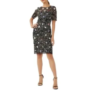 Adrianna Papell Black Floral Beaded Sequin Cocktail Dress Short Sleeve, 8 NWT