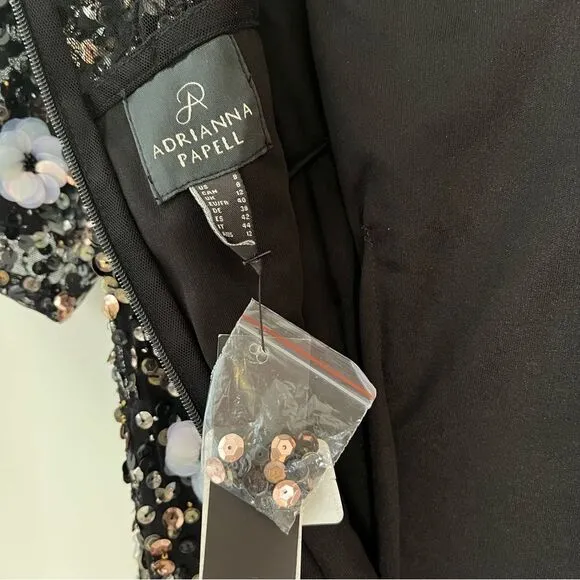 Adrianna Papell Black Floral Beaded Sequin Cocktail Dress Short Sleeve, 8 NWT