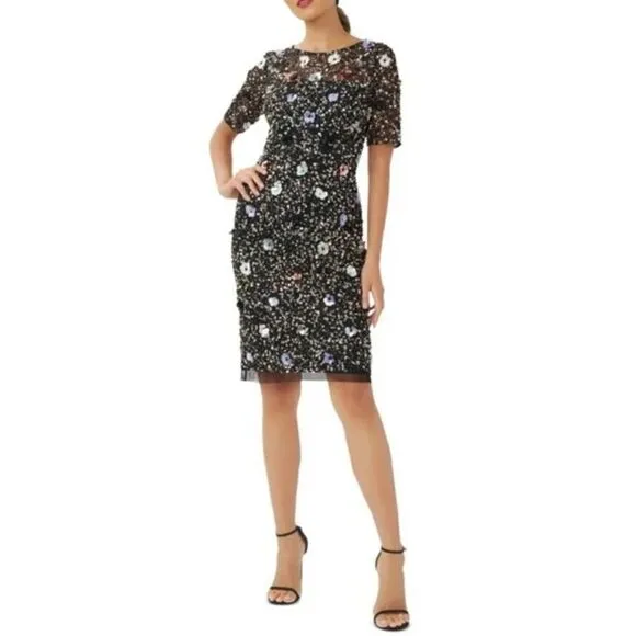 Adrianna Papell Black Floral Beaded Sequin Cocktail Dress Short Sleeve, 8 NWT
