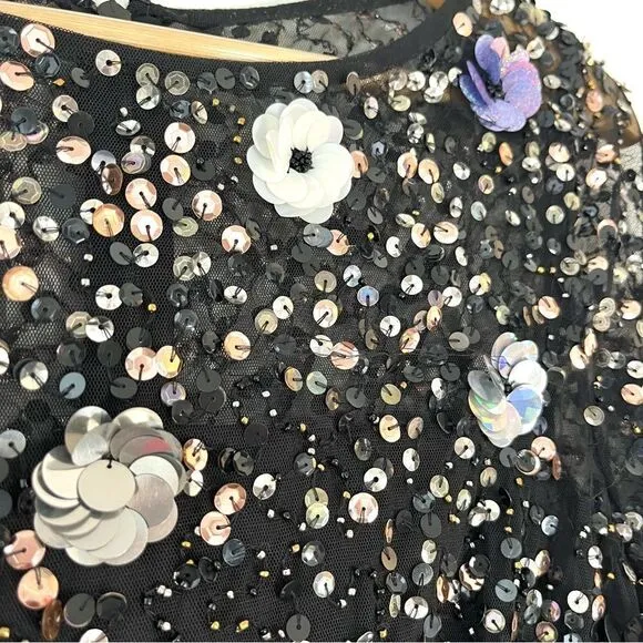 Adrianna Papell Black Floral Beaded Sequin Cocktail Dress Short Sleeve, 8 NWT