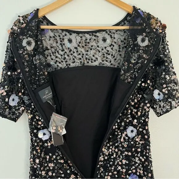 Adrianna Papell Black Floral Beaded Sequin Cocktail Dress Short Sleeve, 8 NWT