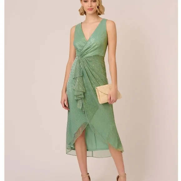 Adrianna Papell Crinkle Metallic Faux Wrap Dress With Draped Detail Dress
