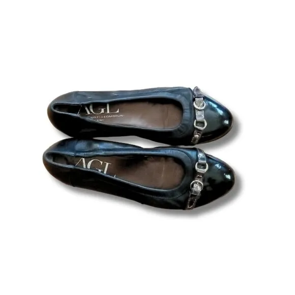 AGL Black Leather Cap Toe Buckle Ballet Flats Size 40