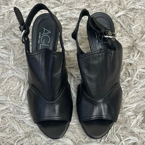 AGL Ellen Black Leather Peep Toe Slingback High Heel Sandals $435 size 39 US 9