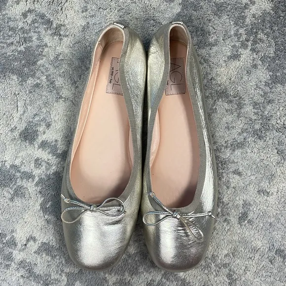 AGL Kala Ballerina Bow Flats Silver Metallic Balletcore Sz 41.5