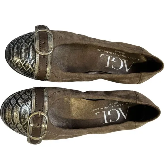 AGL Suede Ballet Cap Toe Flat NWOT Attilio Giusti Leombruni Size 6US Brown 36IT