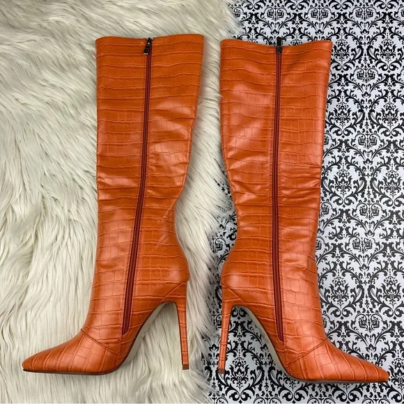 AKIRA : size 7 : Azalea Wang Orange Crocodile Knee-High stiletto heel boots