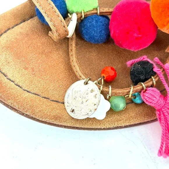 Alameda Turquesa Matisse Sandals 6 36 Pom Pom Coins Tassel Wrap Resort Cruise