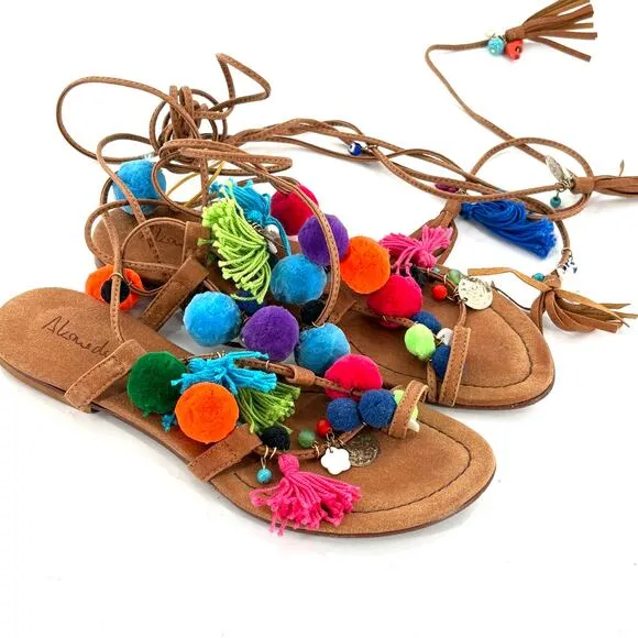 Alameda Turquesa Matisse Sandals 6 36 Pom Pom Coins Tassel Wrap Resort Cruise