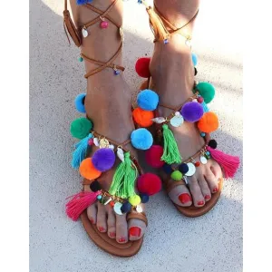 Alameda Turquesa Matisse Sandals 6 36 Pom Pom Coins Tassel Wrap Resort Cruise