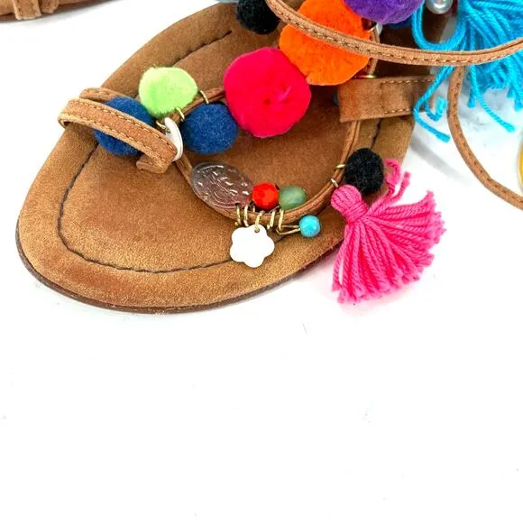 Alameda Turquesa Matisse Sandals 6 36 Pom Pom Coins Tassel Wrap Resort Cruise
